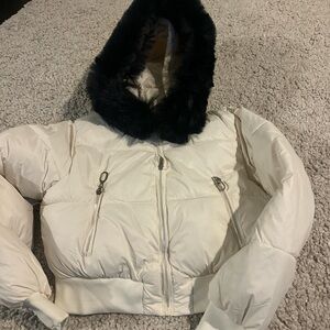 Women's White Puffer Jacket with Faux Fur Hood